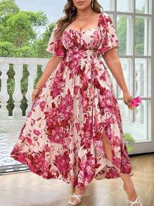 Sunnyshic Vestido con estampado floral, mangas con volantes y abertura, talla grande, elegante y romántico para fiestas, eventos y vacaciones