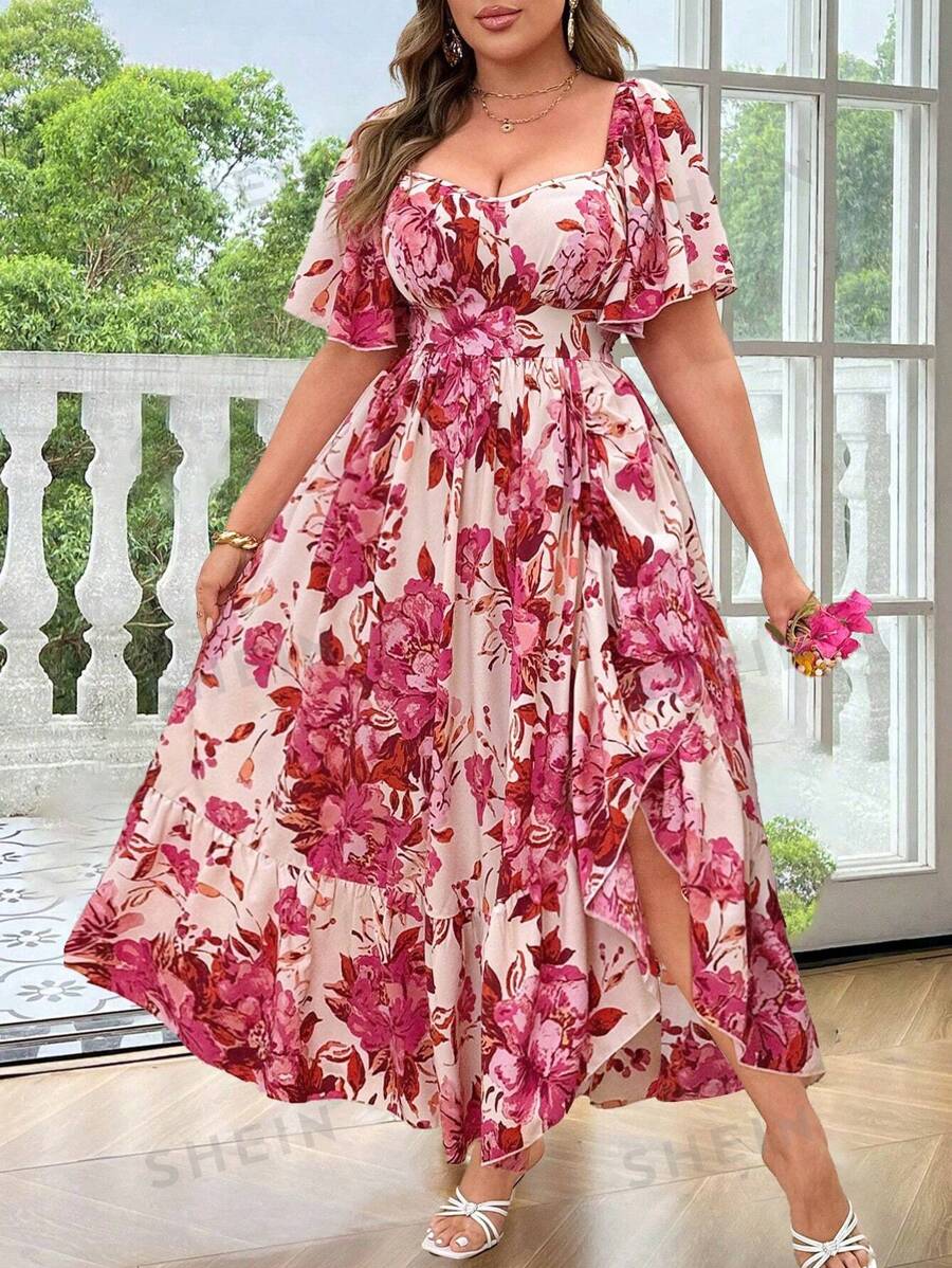 Sunnyshic Vestido con estampado floral, mangas con volantes y abertura, talla grande, elegante y romántico para fiestas, eventos y vacaciones