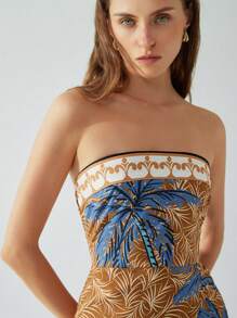 Aveloria Modichic Elegant Vacation Coconut Tree Print Bustier Faux Wrap Style Cinched Waist Women Short Dress