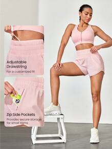 GLOWMODE VitalSwift Ultra High-Rise Elastic Waist Ventilated Back Adjustable Drawstring Sports Shorts With Built-In Shorts Medium Impact Running Jogging Training Gym Workout - Pink - View 6
