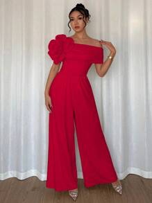 Rafferiza Elegant Sexy 3D Flower Design Off Shoulder Wide Leg Jumpsuit For Women - Red - View 6