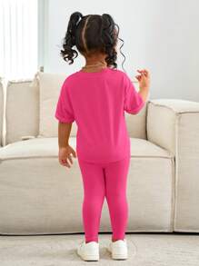 Bubblio 女婴紫红色短袖 T 恤和松紧腰裤套装，休闲时尚服装 亮黄色休闲时尚服装 - 玫紅色 - 查看 2