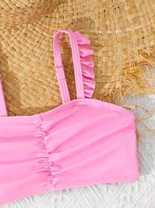 SHEIN Conjunto de tres piezas de traje de baño para niñas con estampado de escamas de pez, volantes y falda cover-up de playa - Multicolor - Ver 4