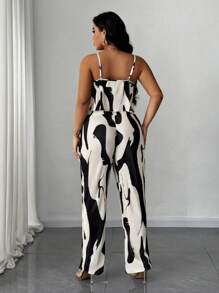 Celure 2pcs/Set Plus Size Women's Black & White Pleated Camisole Top And Casual Pants