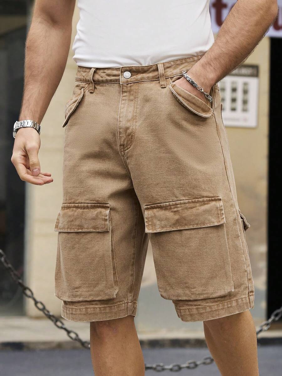 Manfinity Homme Men's Khaki Casual Cargo Denim Shorts, Solid Color Simple Fashion, Suitable For Summer - Khaki - View 1