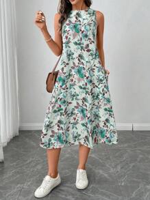 SHEIN LUNE Robe mi-mollet vintage à col rond sans manches avec ourlet évasé, imprimé floral élégant et décontracté pour femmes - Vert - Voir 5