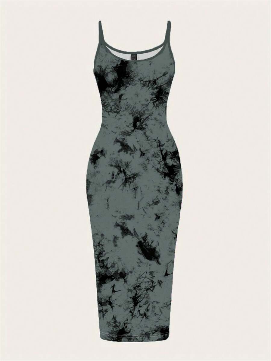 SHEIN EZwear 休闲扎染图案简约长款吊带裙,适合女性,夏季 - 彩色 - 查看 1