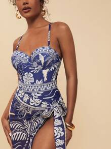 Travachic Women's Swimwear Set Including Spaghetti Strap Underwire Adjustable Strap Floral Print One-Piece Swimwear & Cover-Up Skirt, Fitted Casual Style, Summer Beach Vacation,Backless,Beachwear High Waisted,Beach Outfits For Woman,Sexy,Summer Outfits For Women, For Beach Vacation For Summer Beach Vacation,Boho,Vacation,LINEN,Crochet - Blue - View 7