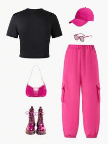 2pcs Teenage Girl Set: Lip-Printed Top + Utility Cargo Pants - Hot Pink - View 2