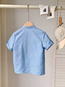 SHEIN LMoss Kids 1pc Young Boys' Casual Loose Woven Plain Stand Collar Short Sleeve Shirt - Blue - View 2