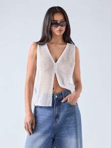 LYSMO Summer Casual Solid Color Hollow Out Knitted Sleeveless Top - White - View 3