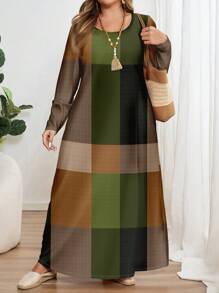EMERY ROSE Vestido de manga larga con cuello redondo de talla grande, con estampado minimalista informal, apto para primavera y otoño - Multicolor - Ver 4