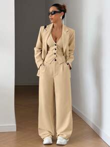 LYSMO Women 3pcs Casual Loose Suit Set: Solid Color Lapel Collar Long Sleeve Jacket, Single-Breasted Vest And Wide-Leg Pants, Autumn