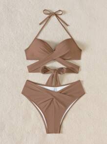 SHEIN Swim Women's Summer Beach Solid Color Halter Tie Front Sexy Bikini 2 Pieces Swimwear Set, Wireless
