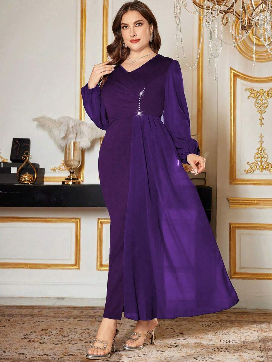Modelyn Elegant V-Neck Rhinestone Decor Long Sleeve Fitted Regular Plus Size Midi Dress, Spring And Summer - Purple - View 1