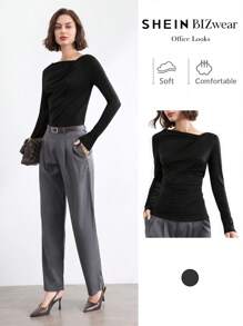 BizChic 2025 夏季新款不对称镂空不对称肩部褶皱长袖女衬衫，适合商务、休闲、日常、海滩、婚礼嘉宾、音乐节、早午餐、机场等场合 - 黑色 - 查看 1