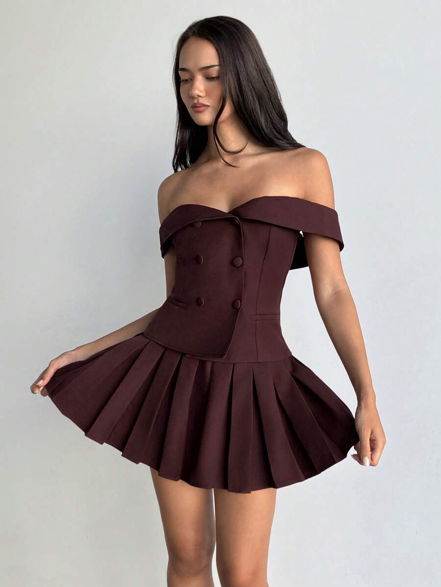 Aloruh Women's Spring Suit, Fashionable Business Commuting, Old Money Style, Simple Solid Color Modern Suit, Street Casual Burgundy Suit Suit, Ancora Red Off-Shoulder Office Suit Two-Piece Suit, Suitable For Teacher's Day, Easter, Music Festival, Party, Modest, Mother's Day, Daily Wear,Summer Elegant 2pcs