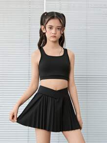 SHEIN Tween 女童休闲针织纯色吊带背心和短裙短裤运动套装