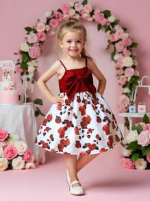 女童花卉印花无袖吊带连衣裙，夏季 - 紅色 - 查看 1
