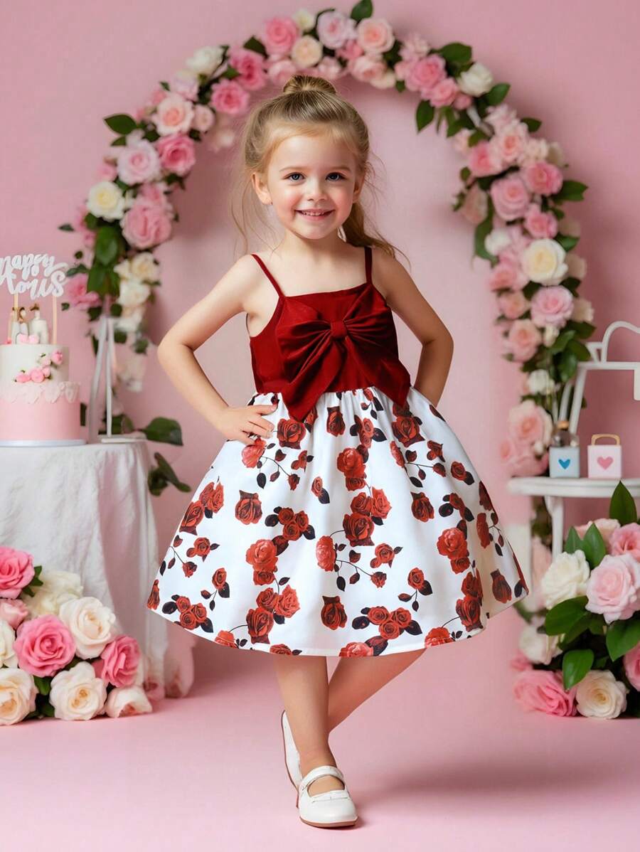 女童花卉印花无袖吊带连衣裙，夏季 - 紅色 - 查看 1