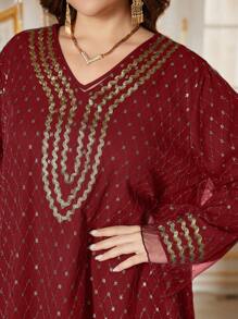 Al Najma Plus Size Women's Belted Decorative Arabic Style Dress - Red - View 5