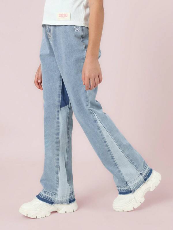 SUMWON Flare Fit Y2K-Stil Jeans mit Kontrastpaneel-Detail, lässige Retro-Denim-Hose für Schule, Wochenende, Herbst-Frühlings-Mode