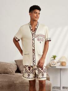 Game of Thrones X SHEIN 男士字母印花口袋短袖上衣和短裤家居服套装