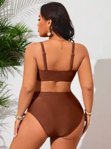 Swim Lushoire Plus Size Women Shell Metal Decor Double Strap 2pcs Swimwear Set, Summer - Coffee Brown - View 2