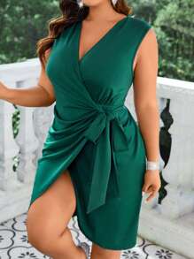 Cravure 大码女式纯色裹身扭纹无袖时尚中长连衣裙 - 綠色 - 查看 5