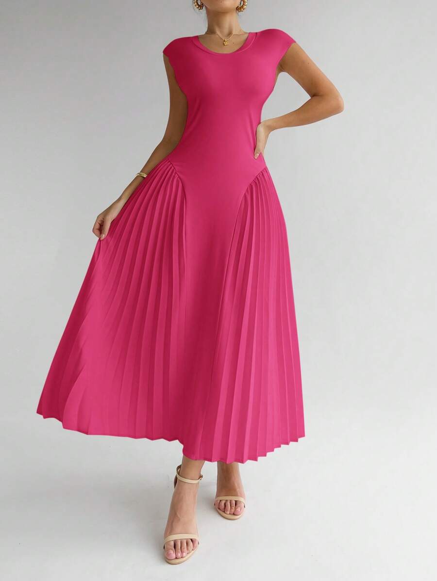 Firerie Women's Pleated A-Line Bodycon Midi Dress, Elegant - Hot Pink - View 1