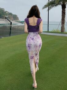 DAZY 新款春季女式长款印花连衣裙，采用色块和花卉图案，适合初次约会婚礼女装 - 紫色 - 查看 5