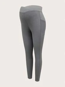 SHEIN Maternity Skinny Pants Black Gray Assorted Mesh Contrast Adjustable Waist Pregnant Women Solid Color High Elasticity Leggings, Suitable For Daily Casual Wear