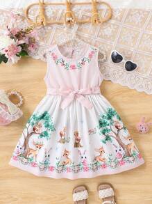 Young Girl's Animal Print Sleeveless Casual Vacation Dress - Pink - View 3