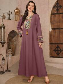Al Najma Women's Spring/Summer 3D Floral Pattern Tunic Dress & Traditional Long Dress, Modest Kaftan - Red Violet - View 6