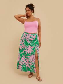 Travachic Tropical Plus Size Casual Holiday Coconut Tree Print Pink Knit Camisole Top + Long Maxi Beach Skirt 2pcs Set, Summer Women