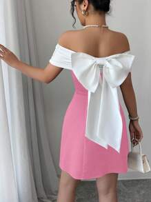 Elenzga Elegant Sleeveless Black & White Contrast Bowknot Back Design Waist Cinched A-Line Dress, Daily Commute Wear For Spring And Summer