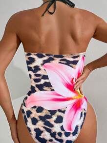 SHEIN Swim 1 件豹纹印花和热带花卉图案性感时尚女士度假比基尼泳装 - 彩色 - 查看 2