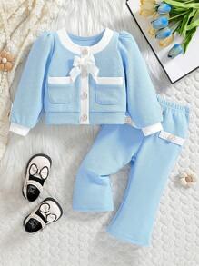 2pcs Baby Girls' Elegant Blue And White Contrast Puff Sleeve Blouse Top With Bow&Flared Pants Set,Autumn Mother Daughter Matching Outfit For Spring - Multicolor - View 7