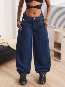 SHEIN ICON Quần Jeans Denim Ống Rộng Thiết Kế Túi Cho Nữ, Dáng Rộng, Thường Ngày, Đa Năng - Màu xanh lam - Xem 6