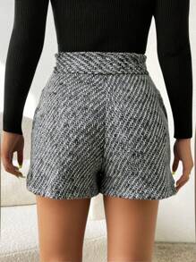 SHEIN PETITE Women's Casual Office Herringbone Texture Shorts - Black - View 2