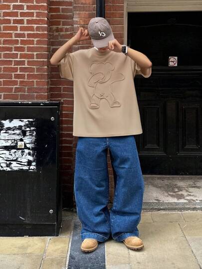 SHEIN Camiseta informal de manga corta con hombros caídos y estampado en relieve de oso para niño preadolescente, adecuada para el verano