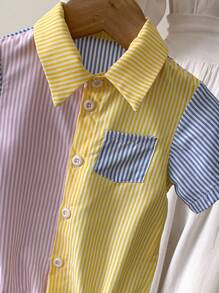 Souflis Souflis Mono de bebé recién nacido con cuello apropiado para 3-6 meses, diseño de bloques de color a rayas rosa, amarillo y azul, diseño general fresco y lindo, apropiado para que el bebé lo use en exteriores en verano