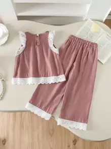 Young Girl Summer Casual Color Block Tank Top And Pants 2 Pieces Set - Pink - View 2