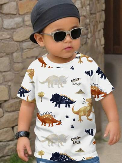 SHEIN Young Boy Casual Minimalist Dinosaur Pattern Short Sleeve Round Neck T-Shirt Suitable For Summer