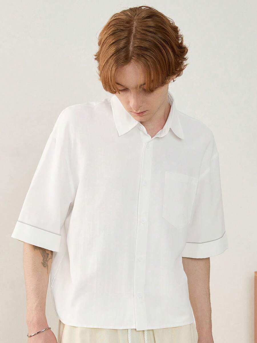 Manfinity VCAY Áo sơ mi nam tay ngắn màu trắng thường ngày có bo gấu tay, dáng vừa vặn - trắng - Xem 1