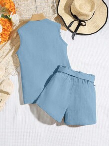Áo khoác vest không tay cho bé gái tuổi mới lớn có thắt lưng nơ và quần short Bộ thời trang thường ngày, trang phục hàng ngày cho anh chị em/đồng phục (2 bộ được bán riêng) - Màu xanh lam - Xem 2
