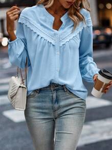 SHEIN LUNE Plus Size Vacation Casual Solid Color Lace Trim Blouse - Baby Blue - View 5