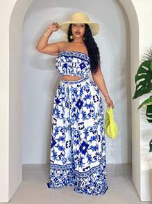Slaydiva Conjunto de top de tirantes con volantes y pantalón de pierna ancha con cintura tipo paperbag para mujer de talla grande