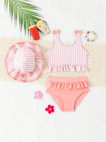 Baby Girl Printed And Solid Color Tankini Swimsuit With Ruffle Skirt & Hat, Cute