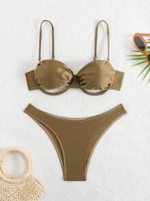 Swim SXY New Spaghetti Strap Criss-Cross Back Sexy Green Shimmer Women Swimwear Set For Summer Beach Vacation - Brown - View 3